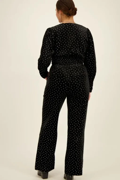 Zwarte Velvet Broek Met Zilveren Bloemen