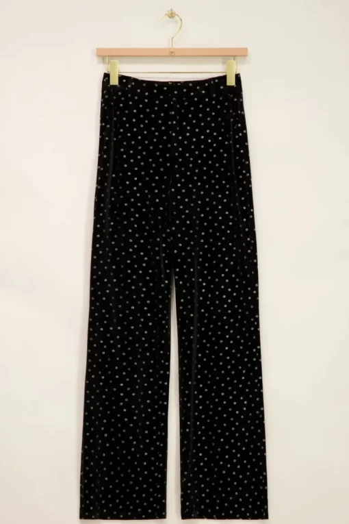 Zwarte Velvet Broek Met Zilveren Bloemen