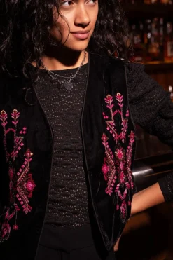 Zwarte Velvet Gilet Met Roze Embroidery