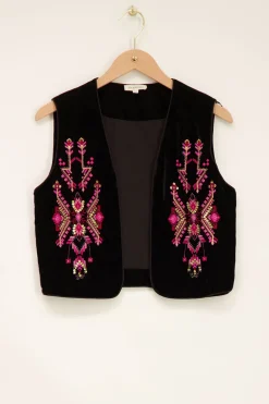 Zwarte Velvet Gilet Met Roze Embroidery