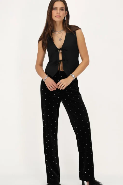 Zwarte Velvet Pantalon Met Kraaltjes