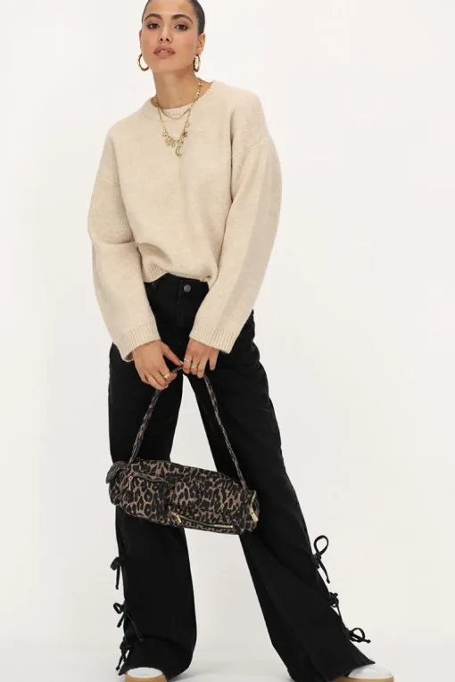 Zwarte Wide Leg Jeans Met Strikjes