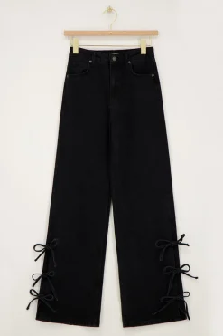 Zwarte Wide Leg Jeans Met Strikjes