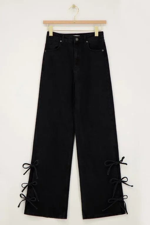 Zwarte Wide Leg Jeans Met Strikjes