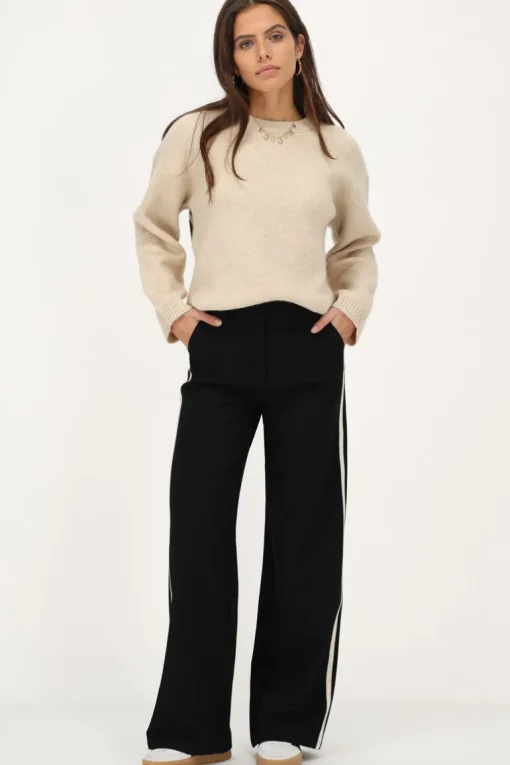 Zwarte Wide Leg Pantalon Met Witte Tape