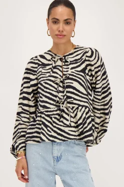 Zwarte-beige Zebra Top Met Strikjes