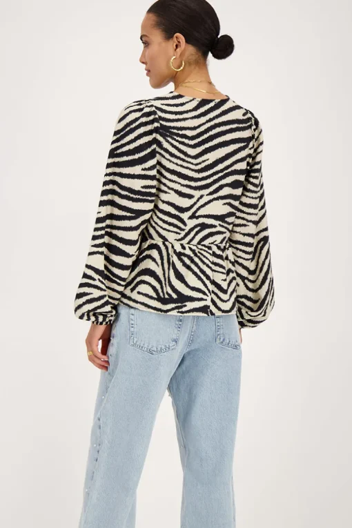 Zwarte-beige Zebra Top Met Strikjes