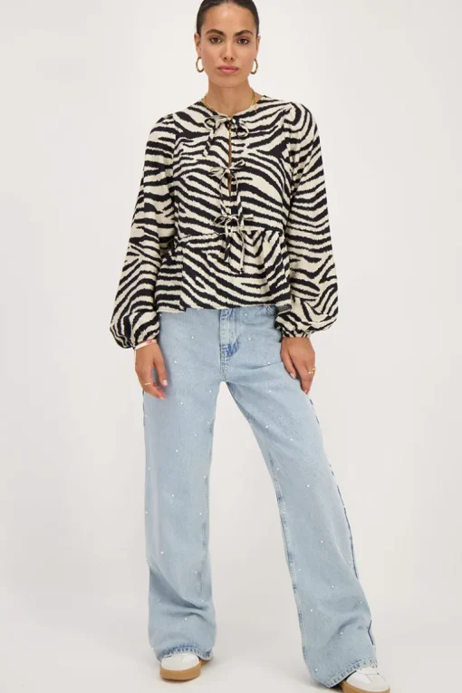 Zwarte-beige Zebra Top Met Strikjes