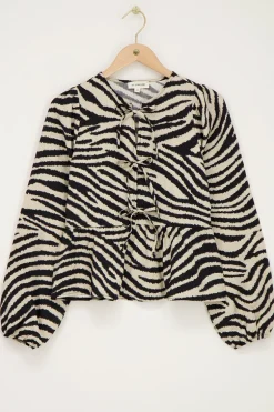 Zwarte-beige Zebra Top Met Strikjes