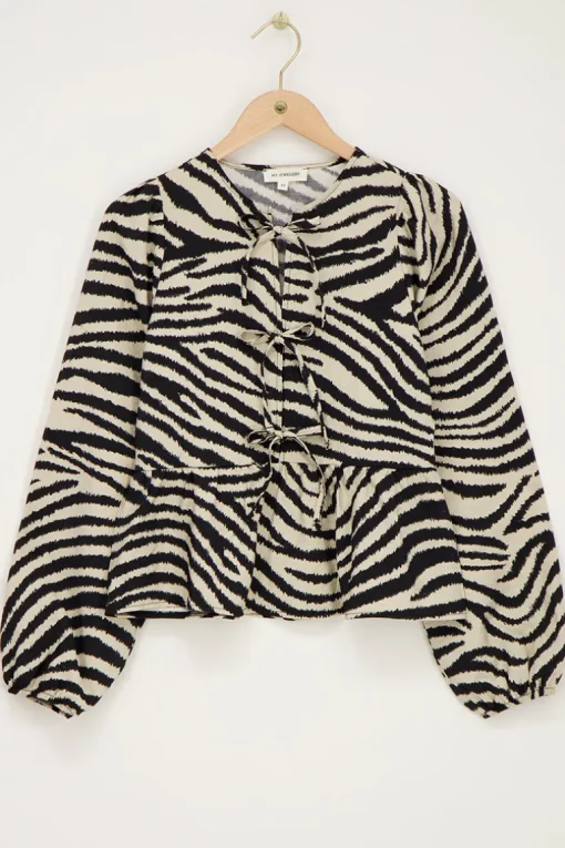 Zwarte-beige Zebra Top Met Strikjes