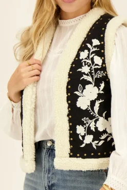Zwart-wit Teddy Gilet Met Embroidery