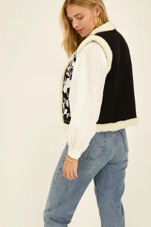 Zwart-wit Teddy Gilet Met Embroidery