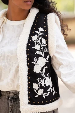 Zwart-wit Teddy Gilet Met Embroidery