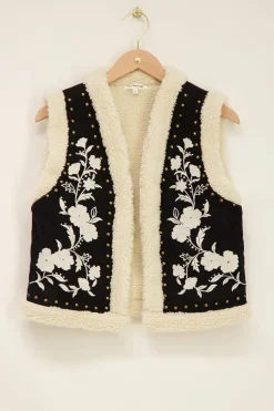 Zwart-wit Teddy Gilet Met Embroidery