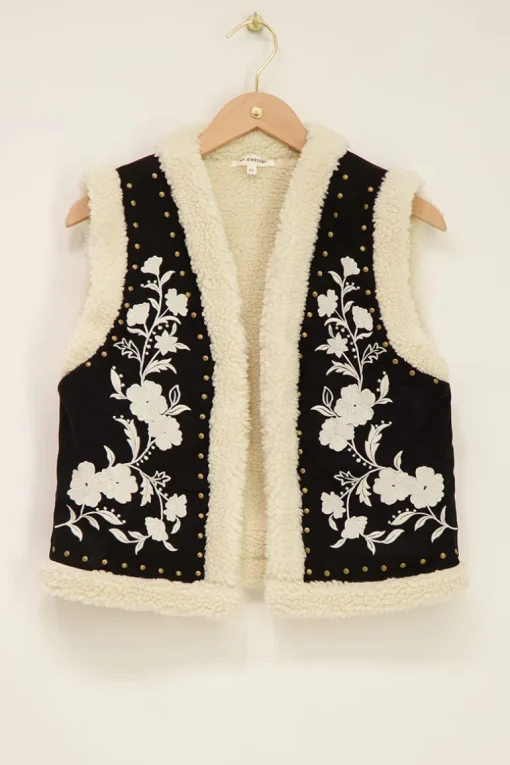 Zwart-wit Teddy Gilet Met Embroidery