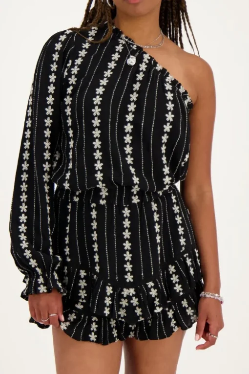 Zwart-witte One-shoulder Top Met Embroidery
