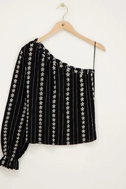 Zwart-witte One-shoulder Top Met Embroidery