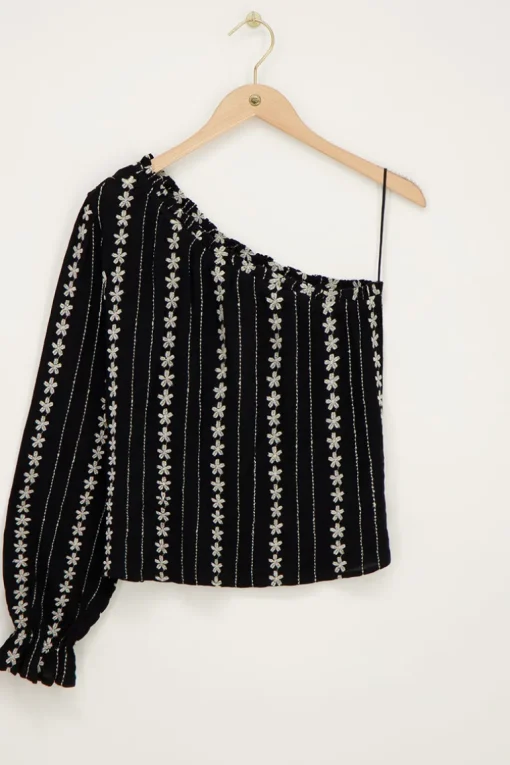 Zwart-witte One-shoulder Top Met Embroidery