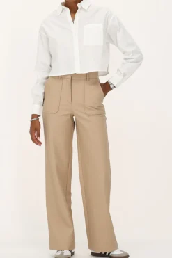 Beige Leather Look Broek Met Zakken