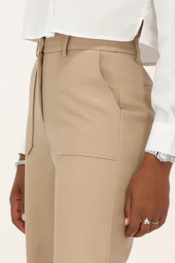 Beige Leather Look Broek Met Zakken