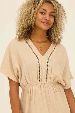 Beige Mousseline Jurk Met Tapes