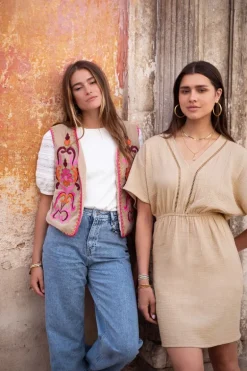 Beige Mousseline Jurk Met Tapes