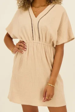 Beige Mousseline Jurk Met Tapes