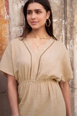 Beige Mousseline Jurk Met Tapes