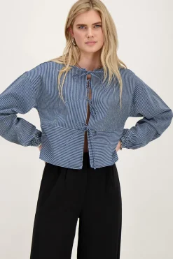 Blauw Gestreepte Top Met Strikjes