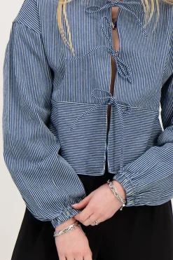 Blauw Gestreepte Top Met Strikjes