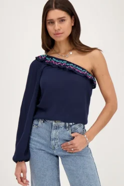 Donkerblauwe One-shoulder Top Met Multikleur Embroidery