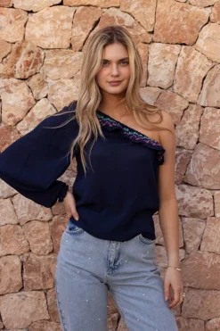 Donkerblauwe One-shoulder Top Met Multikleur Embroidery