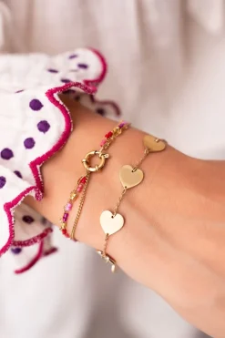 Driedubbele Armband Met Rode En Roze Kralen