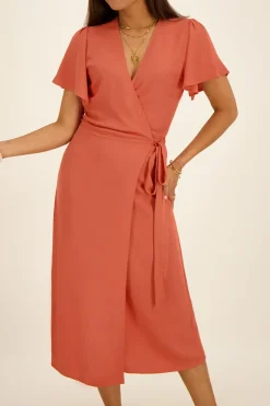 Oranje Midi Wikkeljurk Met Vlindermouw