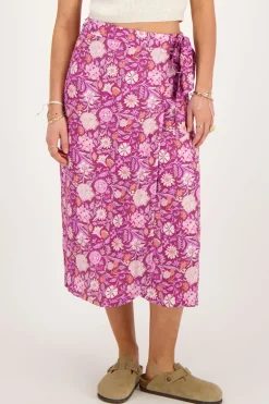 Paarse Midi Wikkelrok Met Roze Bloemenprint