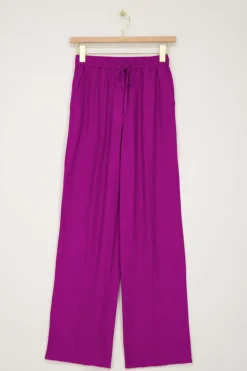 Paarse Wide Leg Broek Met Pintuck En Elastiek