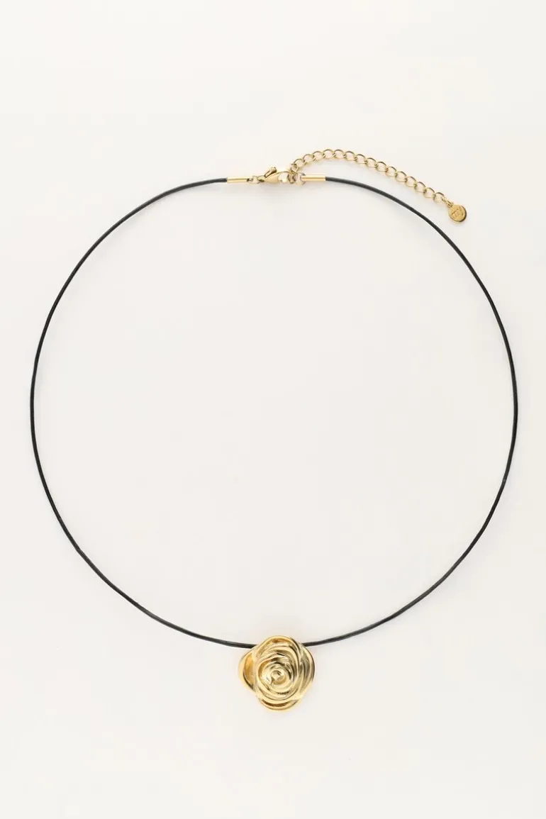 Vintage Zwarte Koord Ketting Met Roos