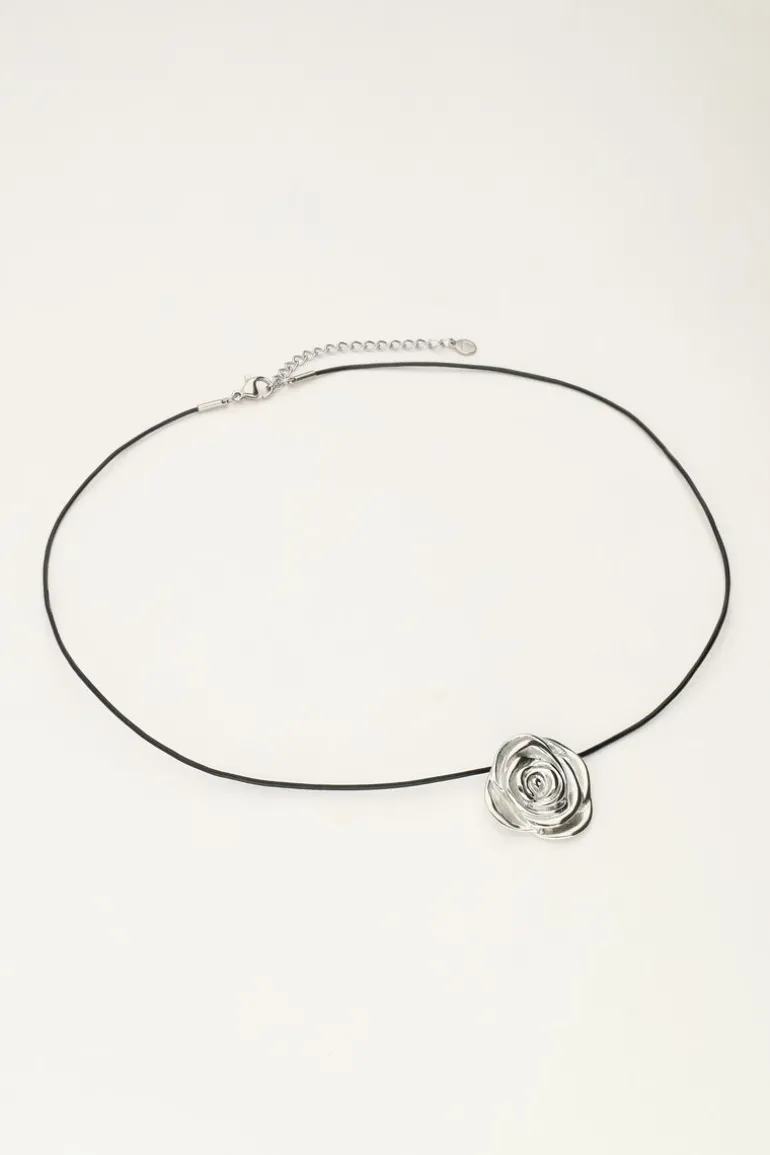 Vintage Zwarte Koord Ketting Met Roos