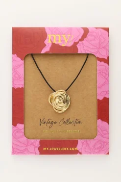 Vintage Zwarte Koord Ketting Met Roos