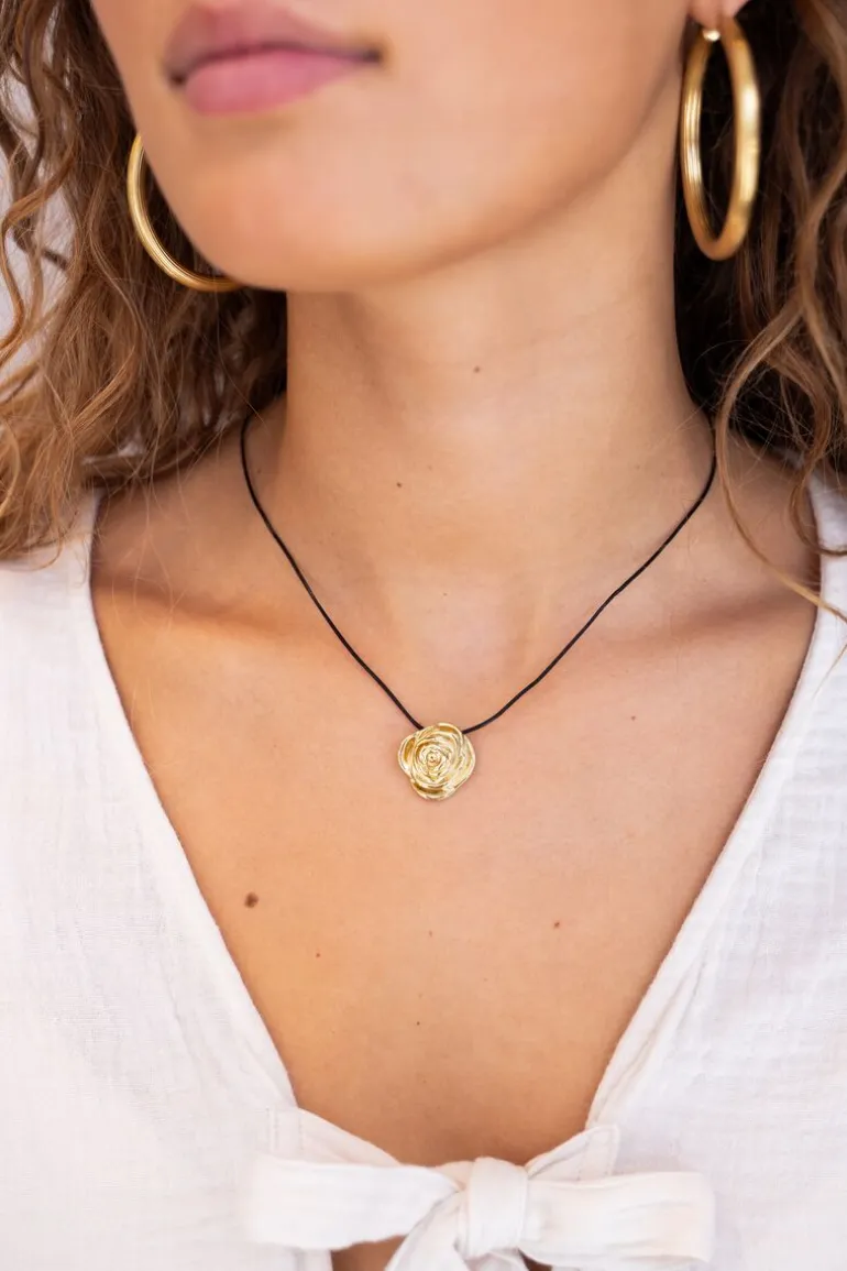 Vintage Zwarte Koord Ketting Met Roos