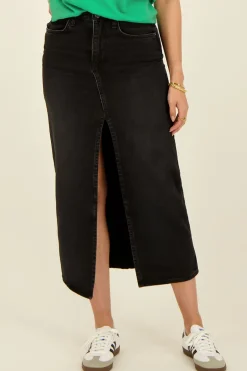 Zwarte Midi Denim Rok Met Split