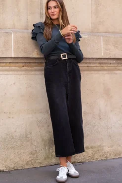 Zwarte Midi Denim Rok Met Split