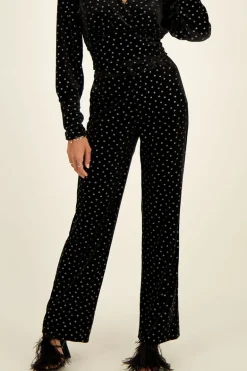 Zwarte Velvet Broek Met Zilveren Bloemen