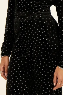 Zwarte Velvet Broek Met Zilveren Bloemen