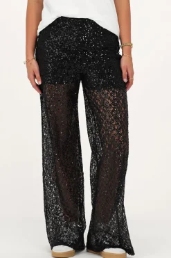Zwarte Wide Leg Broek Met Pailletten